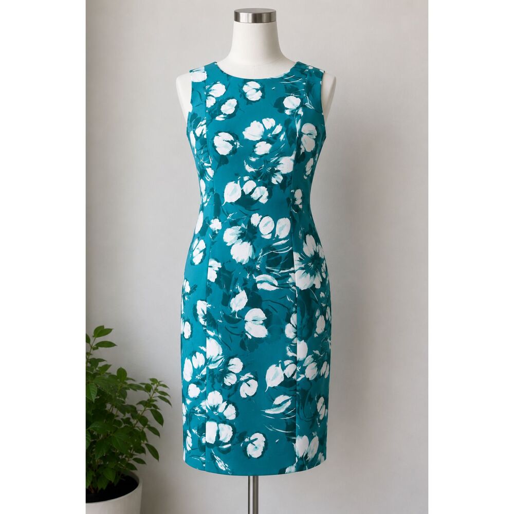 Calvin Klein 6P Petite Floral Sheath Dress Teal White Sleeveless Career Midi